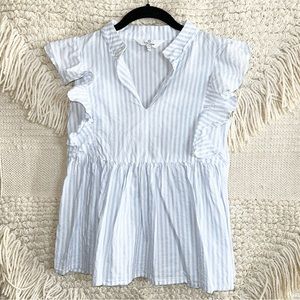 LAROQUE light blue and white striped ruffled sleeveless peplum top XS